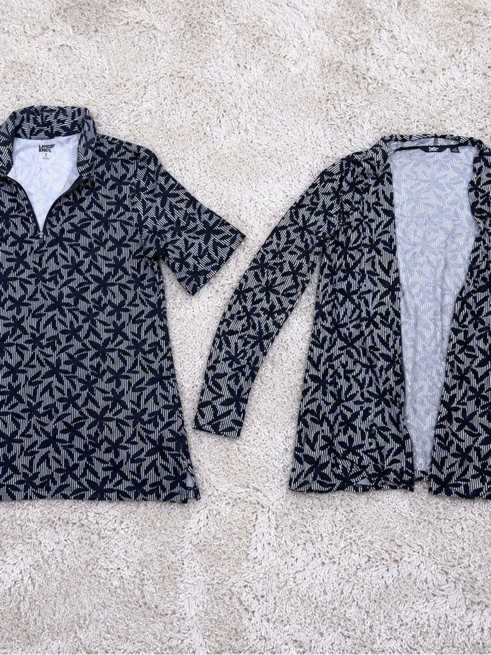 Lands End Matching Polo Cardigan Set Womens M 10-12 Black White 2 Piece